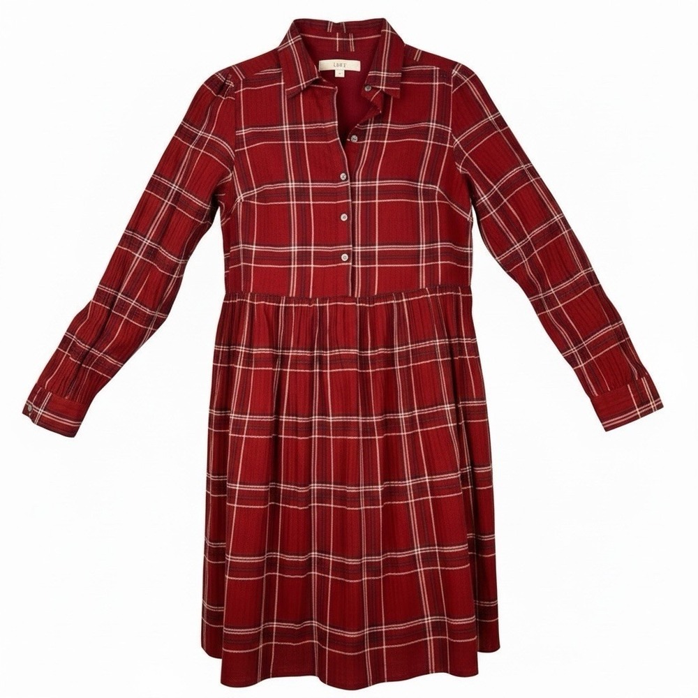 Loft Women's Red Plaid Shirt Dress Size Small Cabin Prairie Cottage